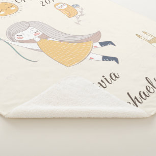 Little Girl Owl Rabbit Personalized Date and Name Sherpa Blanket