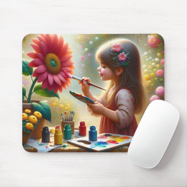 Little Girl Painting a Flower Mouse Pad (With Mouse)