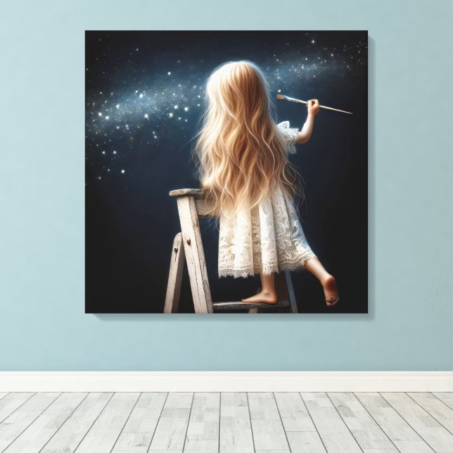 Little Girl Painting Stars In Night Sky Canvas Print (Insitu(Wood Floor))