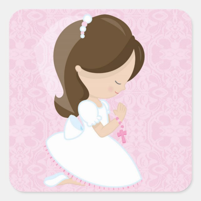 Little Girl, Pink, First Communion Square Sticker (Front)