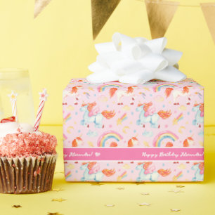 Little Girl Pink Unicorn Pattern Happy Birthday Wrapping Paper