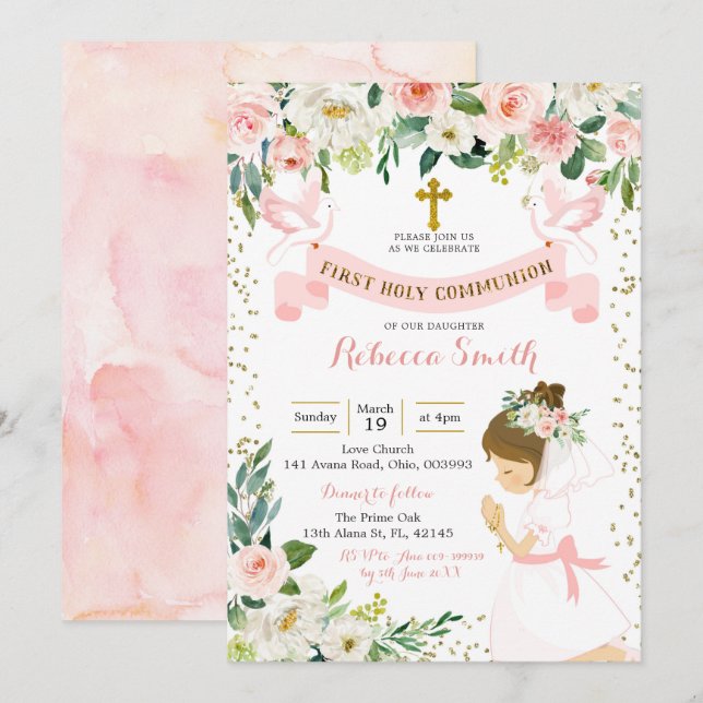 Little Girl Praying Floral First Holy Communion Invitation (Front/Back)