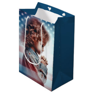 Little Girl Praying With American Flag Medium Gift Bag