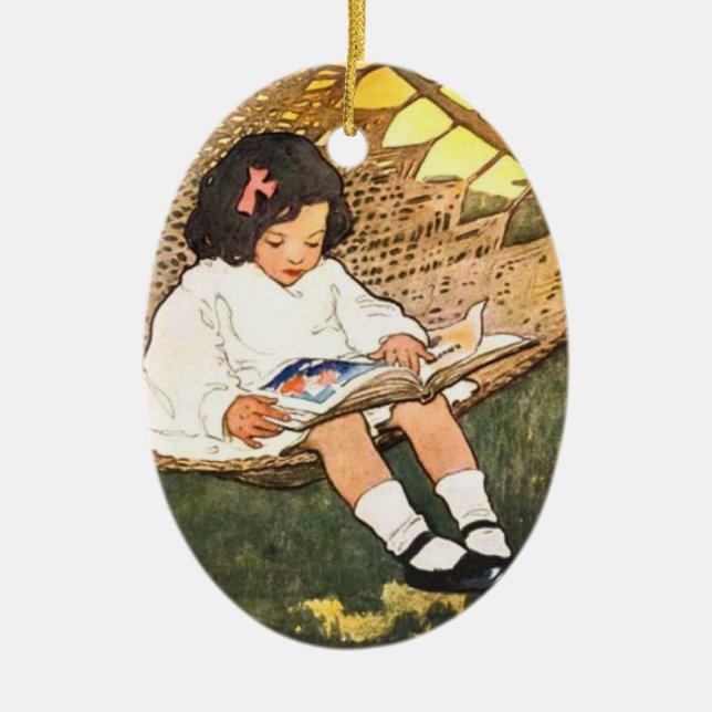 Little Girl reading in a hammock Ceramic Ornament (Front)