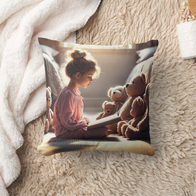 Little Girl Reading To Teddy Bears Throw Pillow (Blanket)