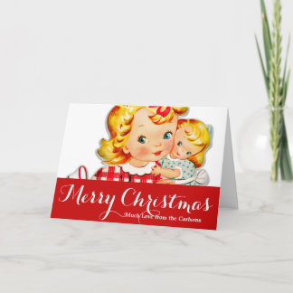 Little girl retro vintage doll child holiday card