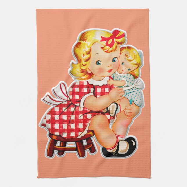 Little girl retro vintage doll child kitchen towel (Vertical)