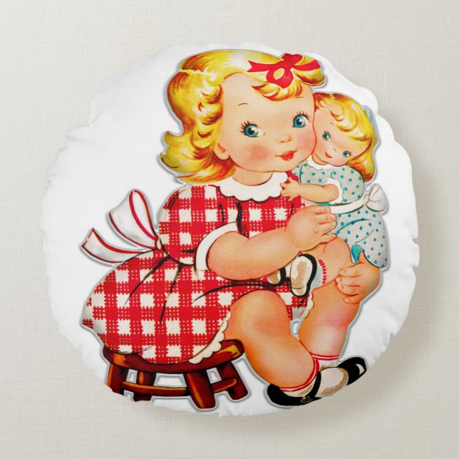 Little girl retro vintage doll child round pillow (Front)