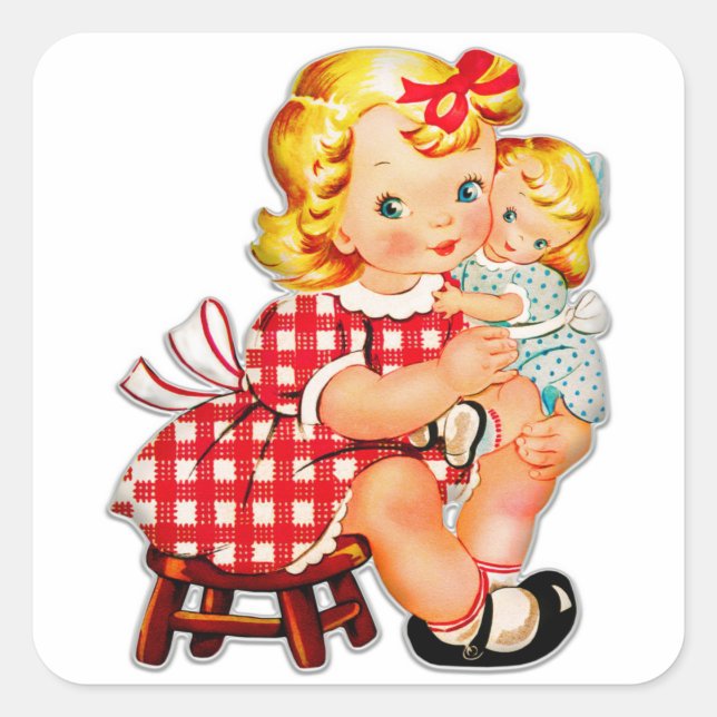Little girl retro vintage doll child square sticker (Front)