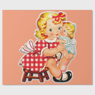 Little girl retro vintage doll child wrapping paper