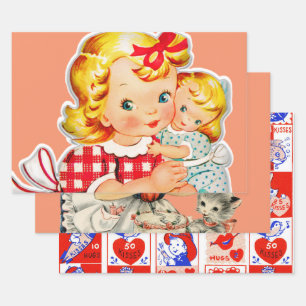 Little girl retro vintage doll child wrapping paper sheet