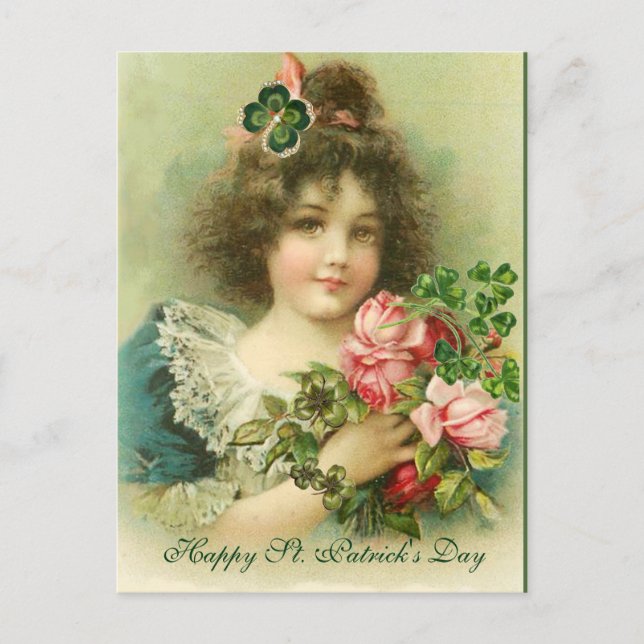 Little Girl Roses and Shamrocks St.Patrick's Day Postcard (Front)