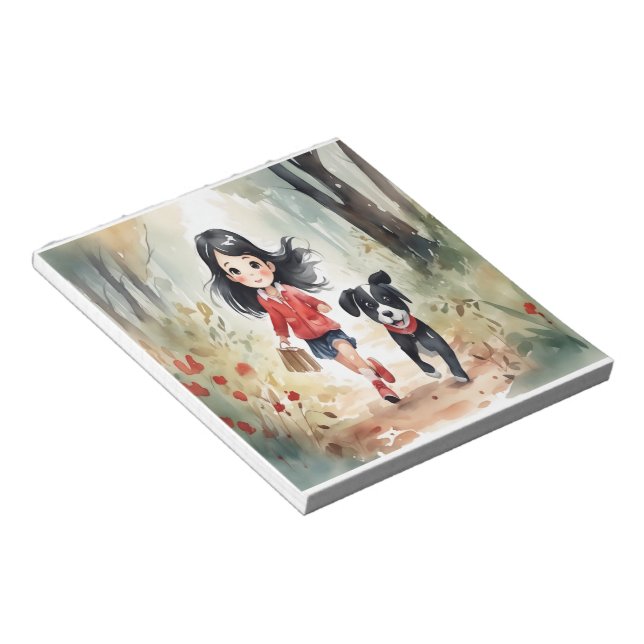 Little girl running in the woods with her dog notepad (Angled)