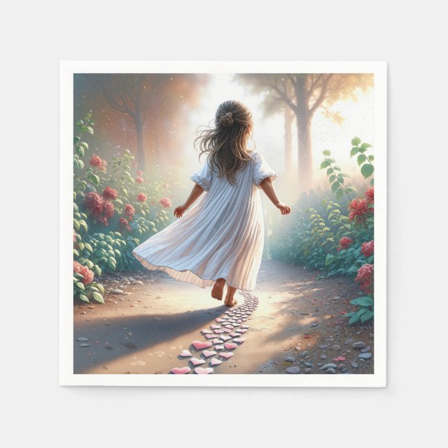 Little Girl Running On a Pink Heart Path Napkin (Front)