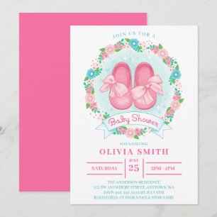 Little Girl Shoes Baby Shower With Bow And Flowers Invitation