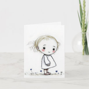 Little Girl Sketch With Wildflowers Card