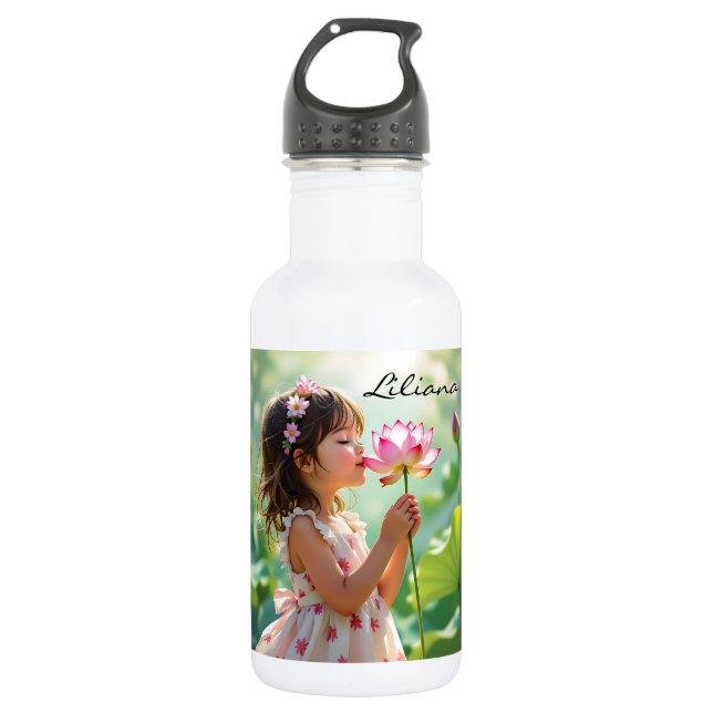 Little Girl Smelling a Pink Rose Personalized 532 Ml Water Bottle (Front)