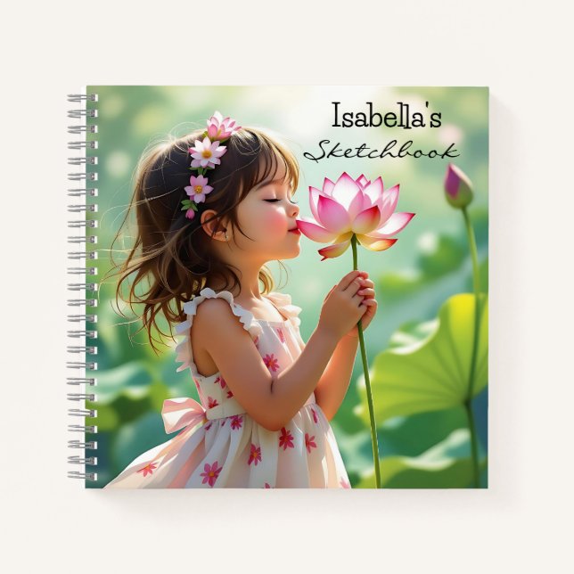 Little Girl Smelling a Pink Rose Personalized Notebook (Front)