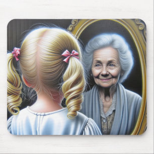 Little Girl Staring at Old Lady In Mirror Mouse Pad