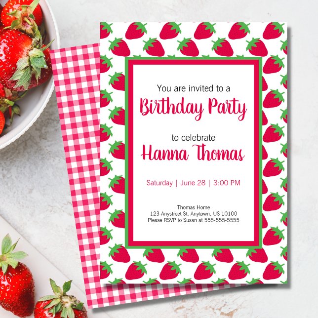 Little Girl Strawberry Pattern Green Pink Birthday Invitation (Little Girl Strawberry Pattern Green Pink Birthday Invitation)