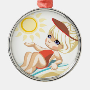 Little girl sunbathing on the beach metal ornament