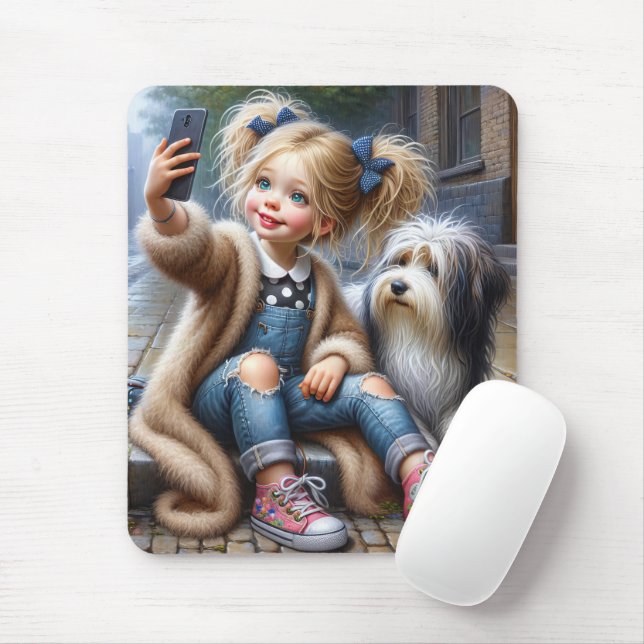 Little Girl Taking a Selfie With Dog Mouse Pad (With Mouse)
