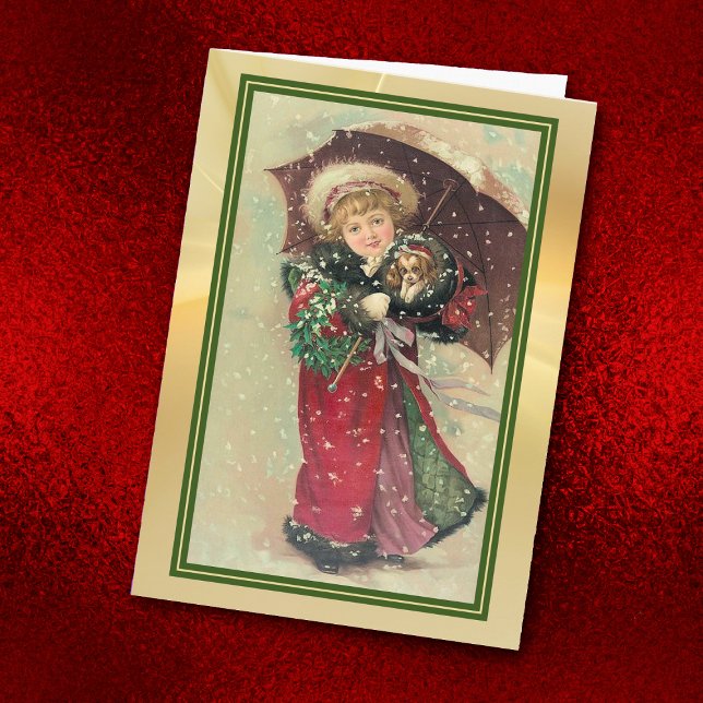 Little Girl Umbrella and Puppy Vintage Christmas Card (Creator Uploaded)