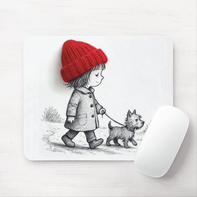 Little Girl Walking Her Dog Mouse Pad (With Mouse)