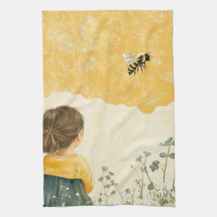 Little Girl Watching a Bumblebee Kitchen Towel
