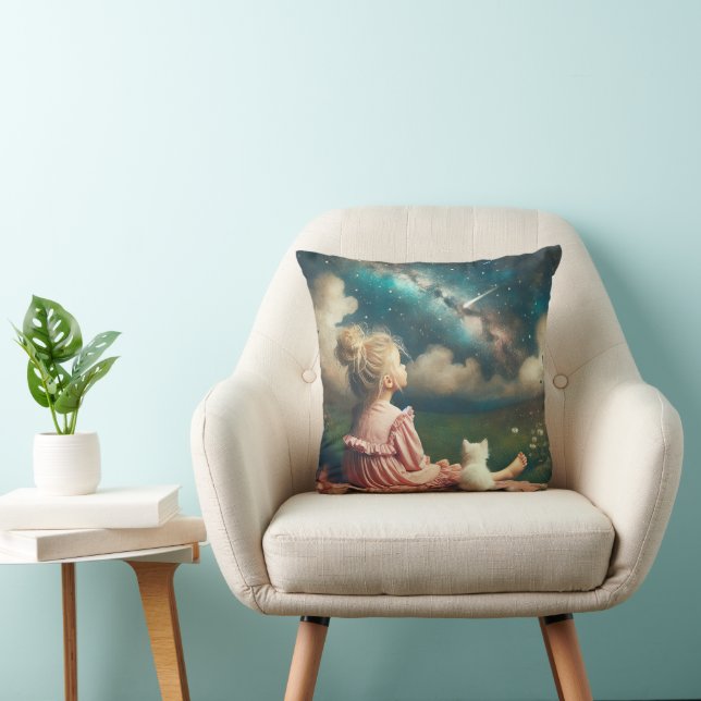 Little Girl Watching a Shooting Star Throw Pillow (Chair)