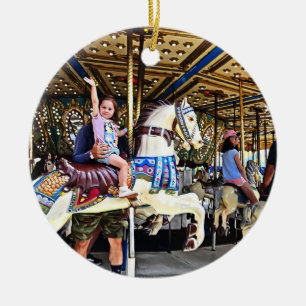 Little Girl Waving Hi From Carousel Ceramic Ornament