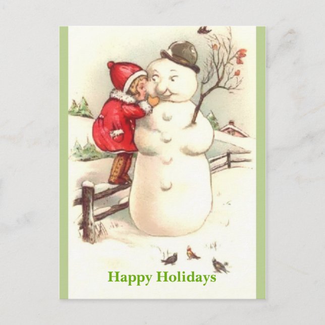 Little Girl Whispering to Snowman Happy Holidays Postcard (Front)