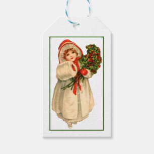 Little Girl White Fur Coat and bundle of Holly Gift Tags