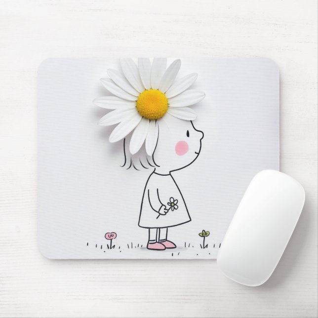 Little Girl With a White Daisy Mouse Pad (With Mouse)