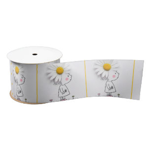 Little Girl With a White Daisy On Her Head Satin Ribbon
