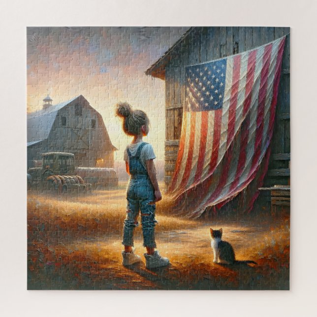 Little Girl With An American Flag On a Barn Jigsaw Puzzle (Vertical)