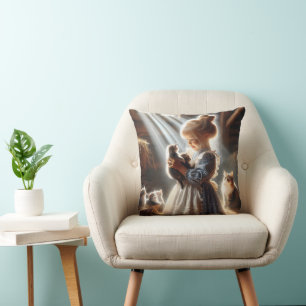 Little Girl With Barn Kittens Throw Pillow