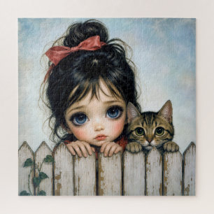 Little Girl with Big Eyes and Pet Cat Jigsaw Puzzle