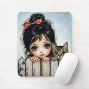 Little Girl with Big Eyes and Pet Cat Mouse Pad