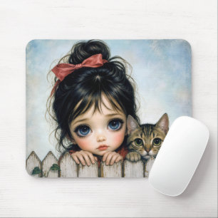 Little Girl with Big Eyes and Pet Cat Mouse Pad