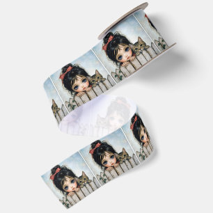 Little Girl with Big Eyes and Pet Cat Satin Ribbon
