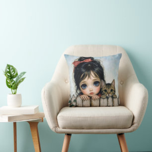 Little Girl with Big Eyes and Pet Cat Throw Pillow