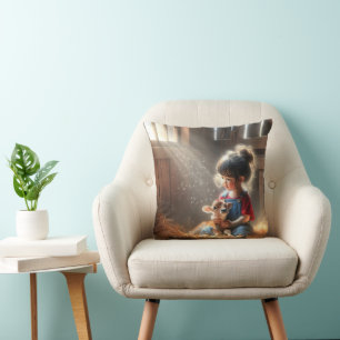 Little Girl With Calf In Sunbeams Throw Pillow