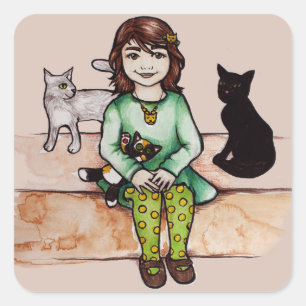Little girl with cats square sticker