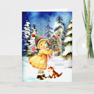Little Girl With Christmas Tree Holiday Card