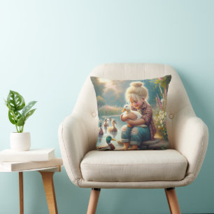 Little Girl With Ducks  Throw Pillow