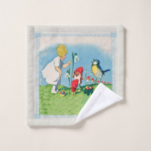 Little Girl With Elves Cart of Easter Eggs Flowers Wash Cloth