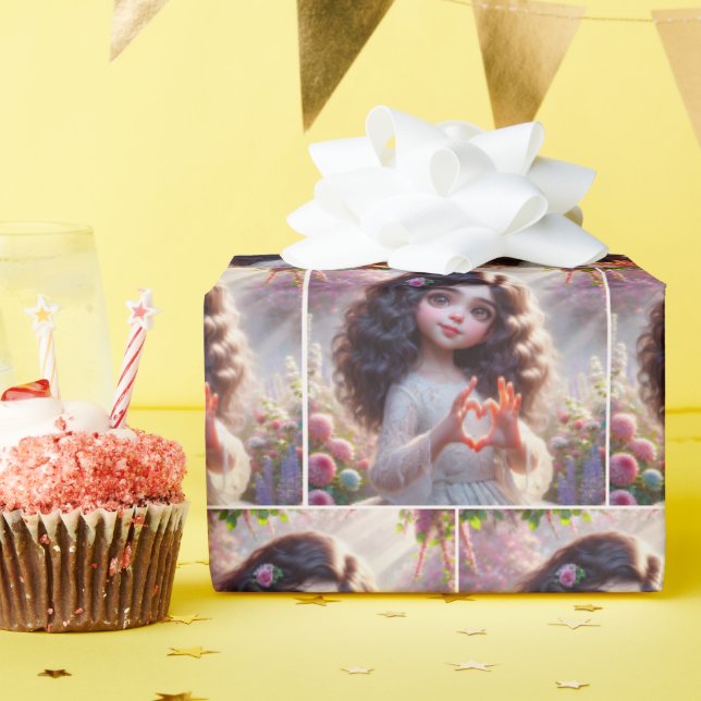 Little Girl with Fingers Forming a Heart Wrapping Paper (Birthday Party)