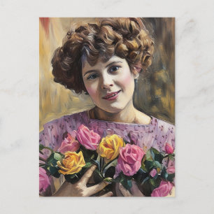 Little Girl with flowers pastel art painting Postcard