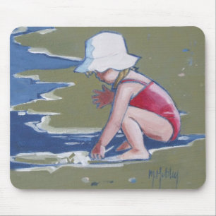 Little girl with hat on beach with waves mouse pad